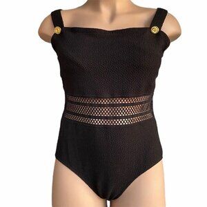 Catalina One Piece Swimsuit Sz 20W Plus Black Crochet Waist Goldtone Btn Vtg 90s
